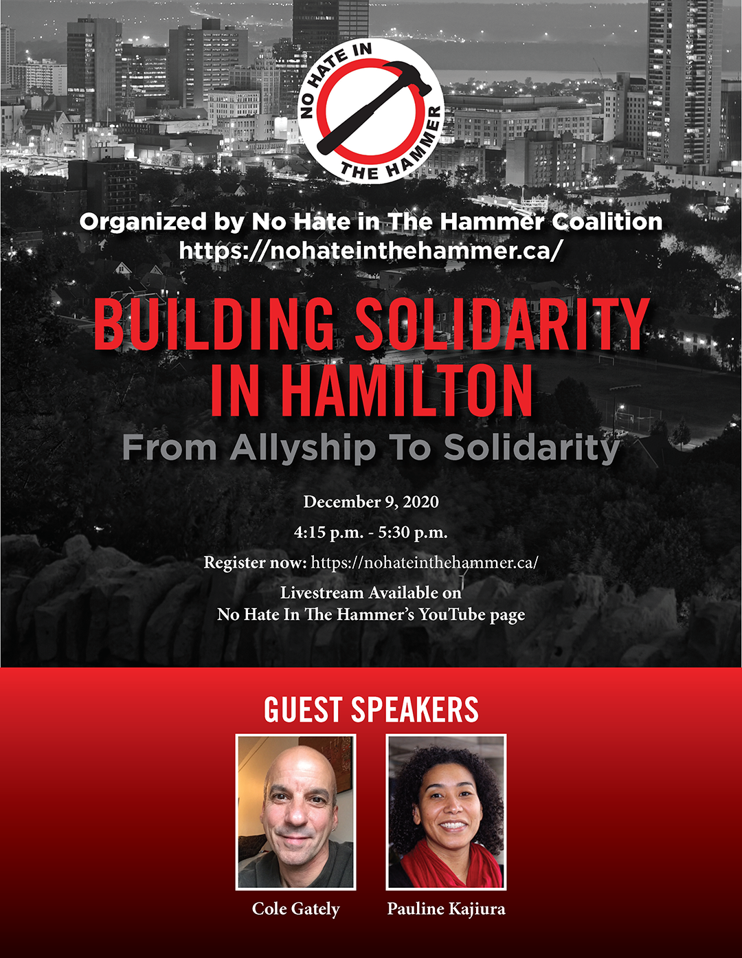 Poster for event called "Building Solidarity in Hamilton: From Allyship to Solidarity" on December 9 2020 from 4:15 pm to 5:30pm. Register at nohateinthehammer.ca/together.